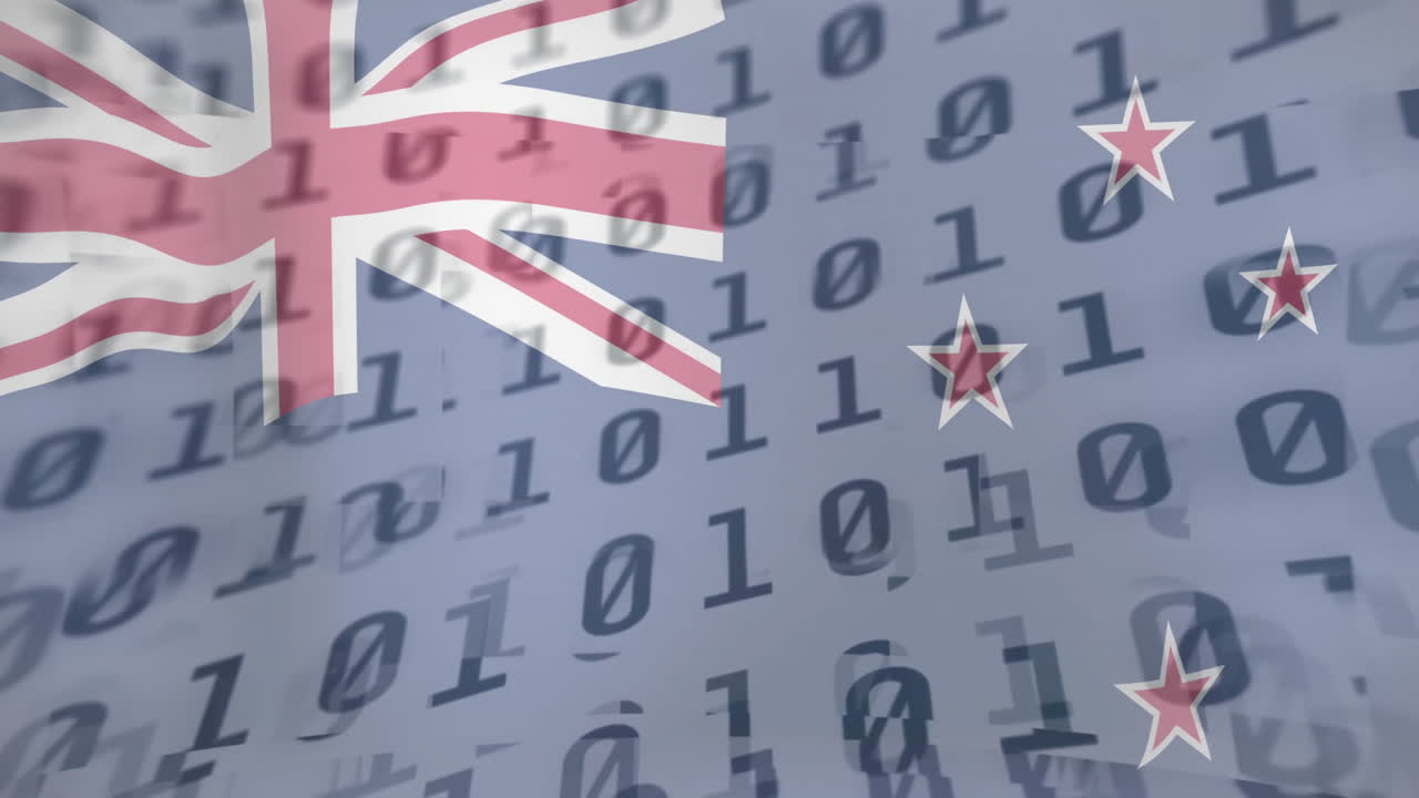 Digital technology theme with animation of New Zealand flag and binary code overlay