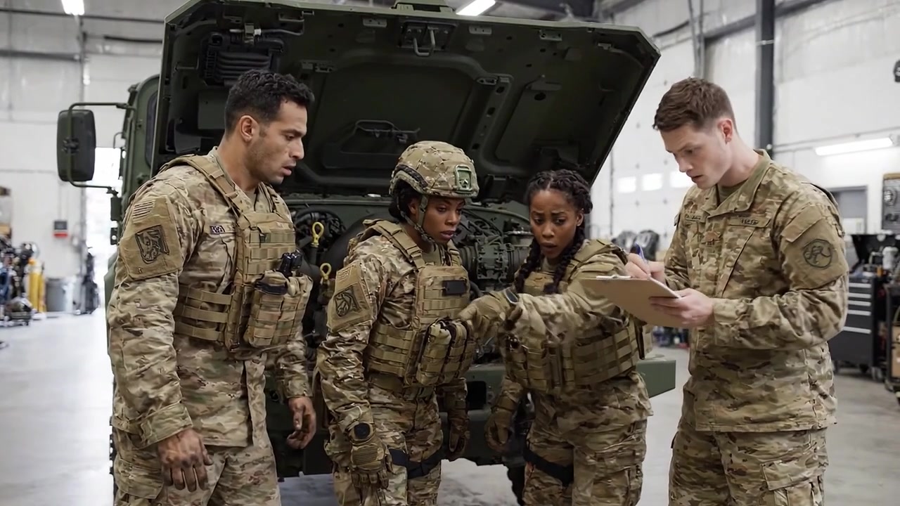 Personale Militare che Collabora alla Manutenzione dei Veicoli in un Ambiente Officina - Mostrando Lavoro di Squadra, Abilità Tecniche e Comprensione delle Attrezzature