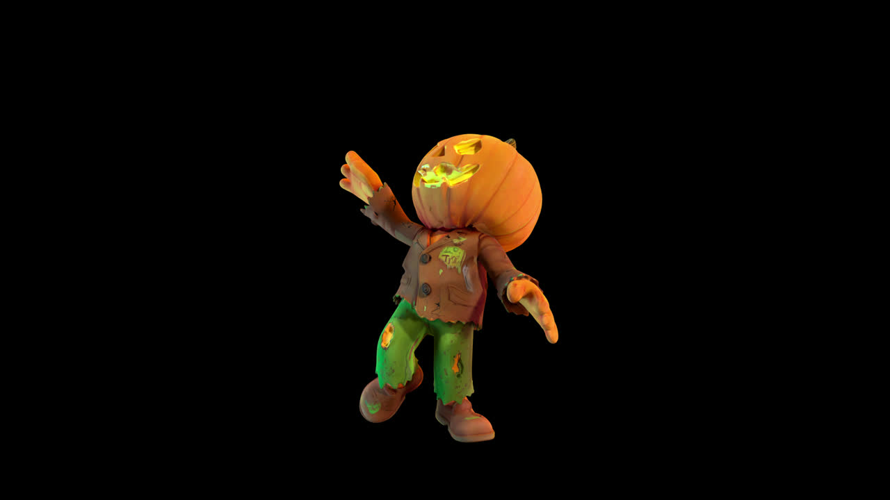 Personaggio animato con la testa di zucca che balla e saluta