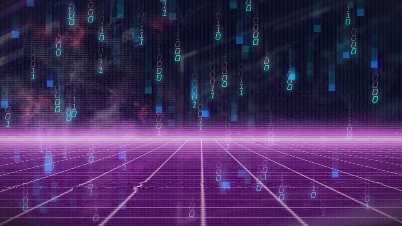 Upon starting, binary streams and data squares cascading down purple grid forming digital tunnel