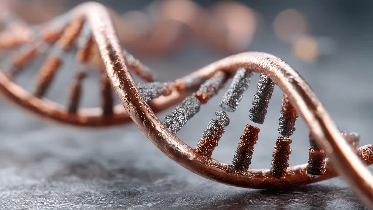 Close-Up of a Detailed DNA Helix Model Crafted from Metal, Showcasing Intricate Structure and Texturing in a Modern Scientific Representation