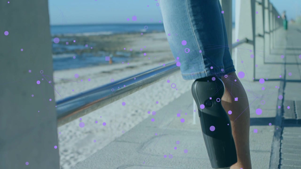 Senior woman bracing railing, panning revealing prosthetic leg with purple particles, for wellness