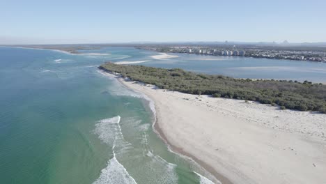 white sandy shore of kings beach in the sunshine coast region, queensland, australia - aerial drone shot