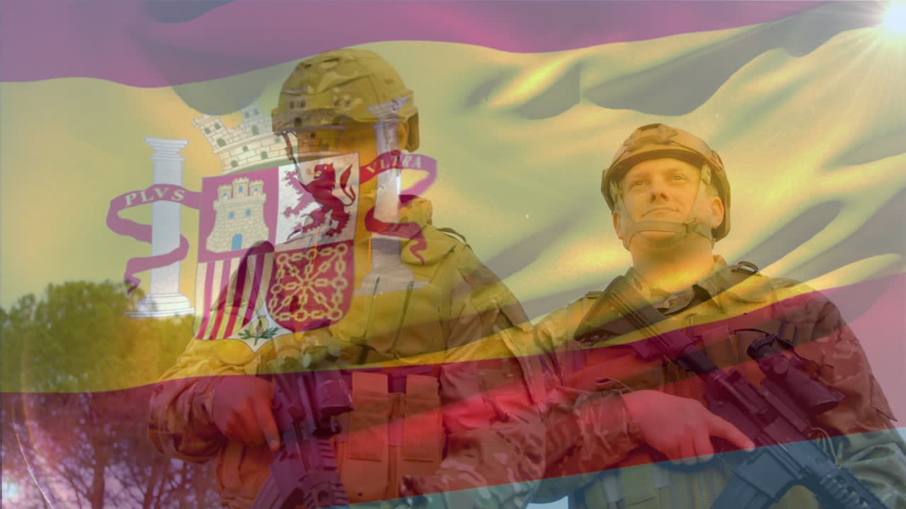 animación de la bandera de españa sobre varios soldados masculinos con armas