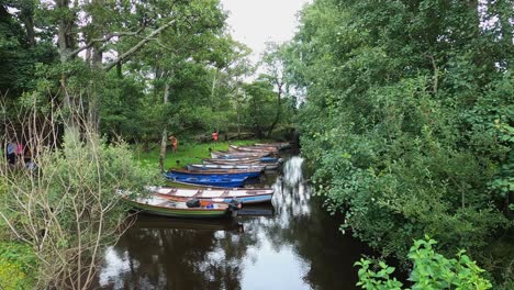 Hölzerne-Dory-Boote-Säumen-Einen-Schmalen-Bach-Im-Killarney-Nationalpark,-Irland