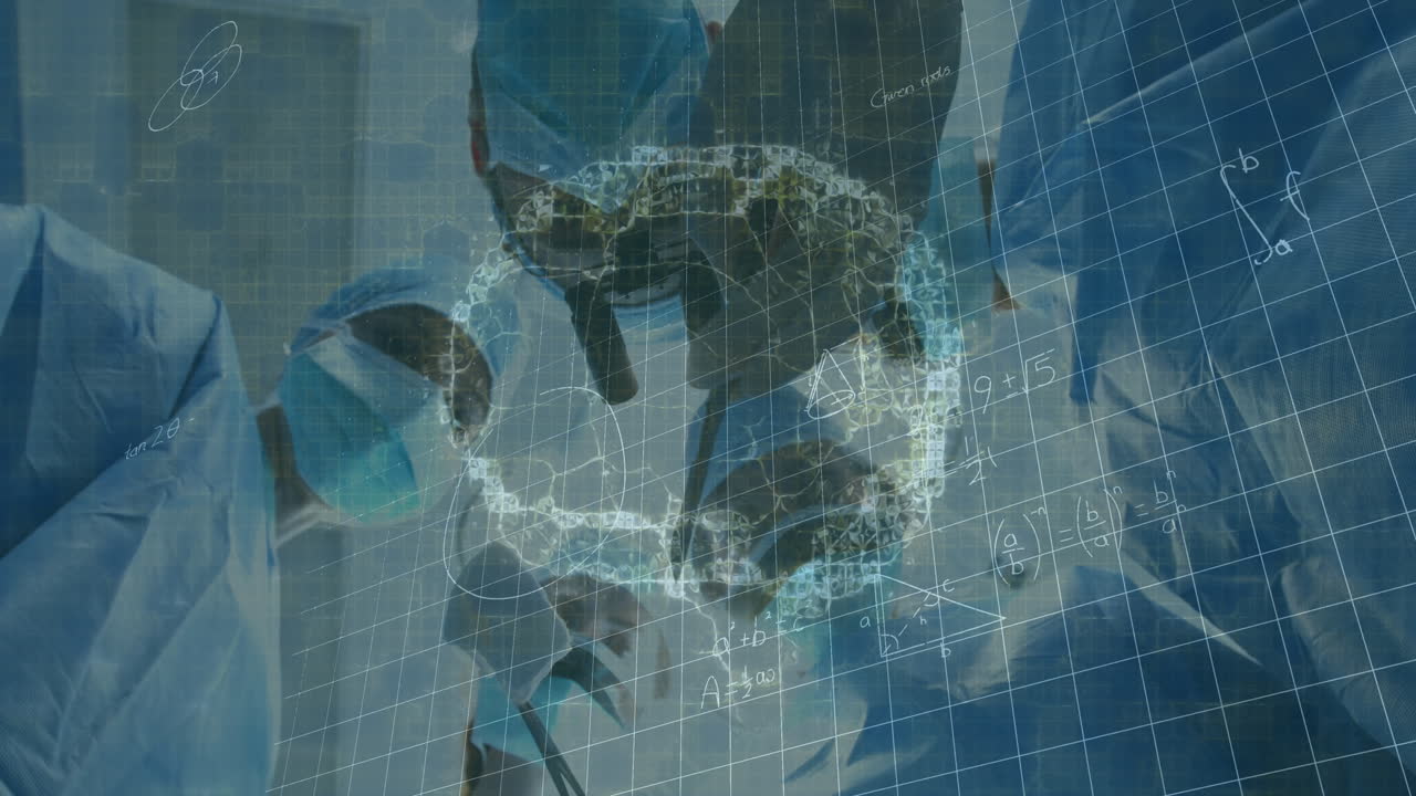 얼굴 마스크를 착용한 다양한 외과 의사들에 대한 인간 뇌의 애니메이션과 데이터 처리