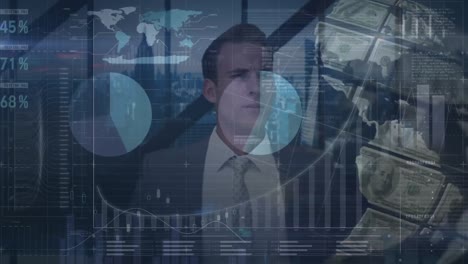 Animation-of-globe-of-dollars-rotating-over-businessman-using-interface-with-data-processing