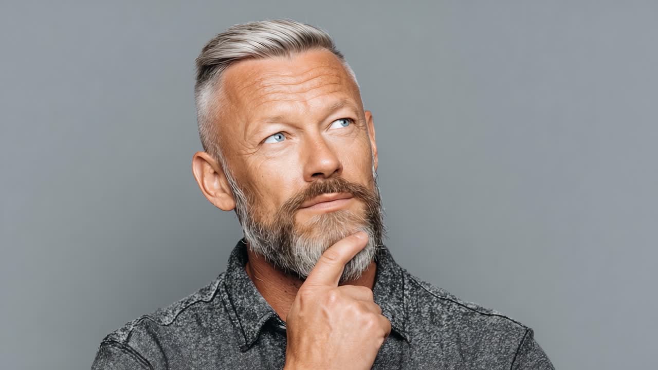 Contemplative Man with Silver Hair and a Beard Pondering Life's Questions Captured in Thoughtful Poses Against a Neutral Gray Background