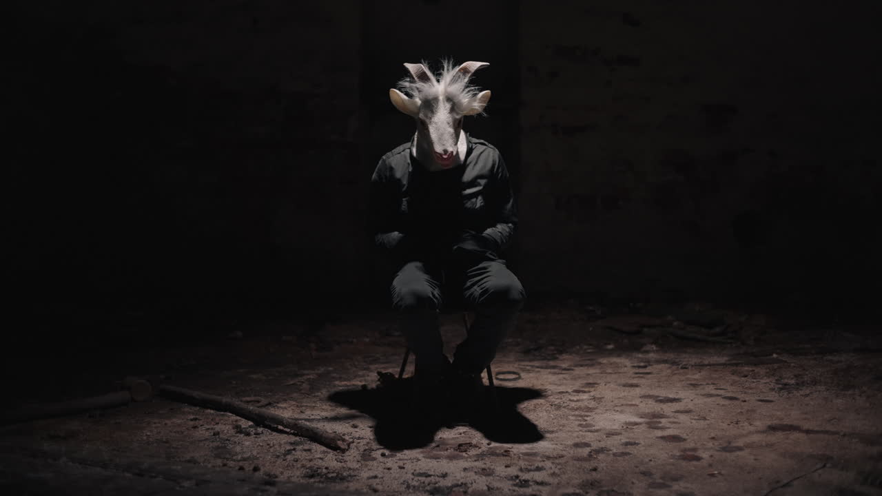 Persona con maschera da capra in una stanza buia