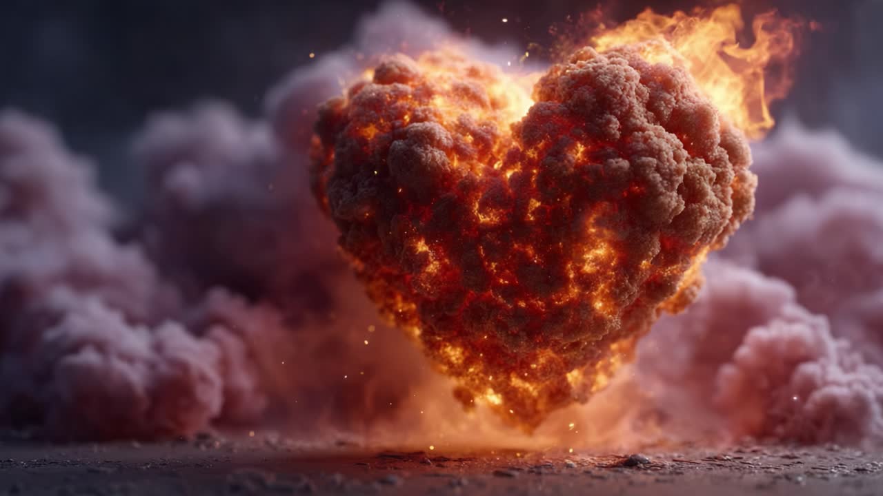 A Fiery Heart Explodes with Passion and Emotion, Surrounded by Billowing Clouds of Smoke and Light, Capturing the Essence of Love and Intensity in Motion