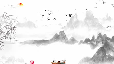 traditional chinese ink wash landscape with misty mountains and boat