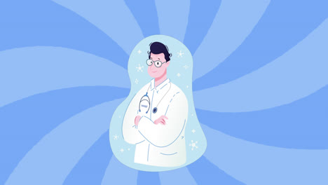 digital animation of male doctor icon with arms crossed against blue spiral background