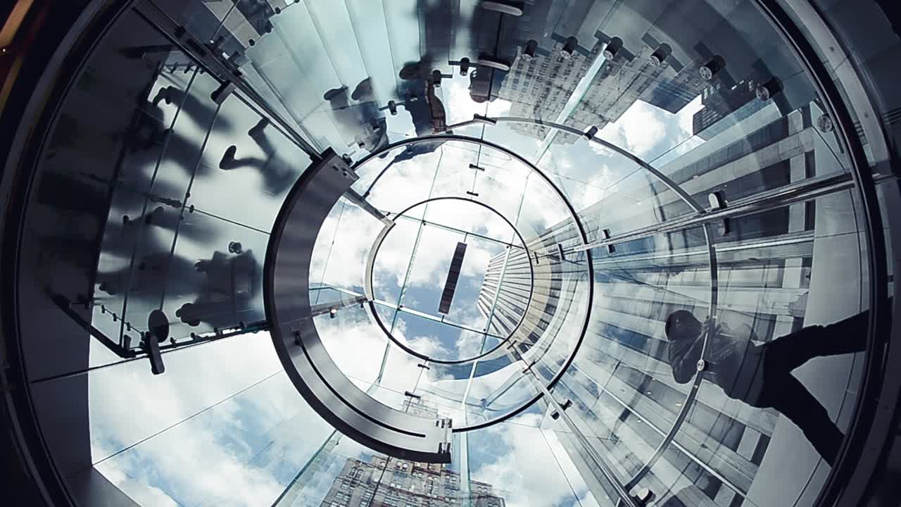 People steps, upward view of a modern staircase. Slow motion.