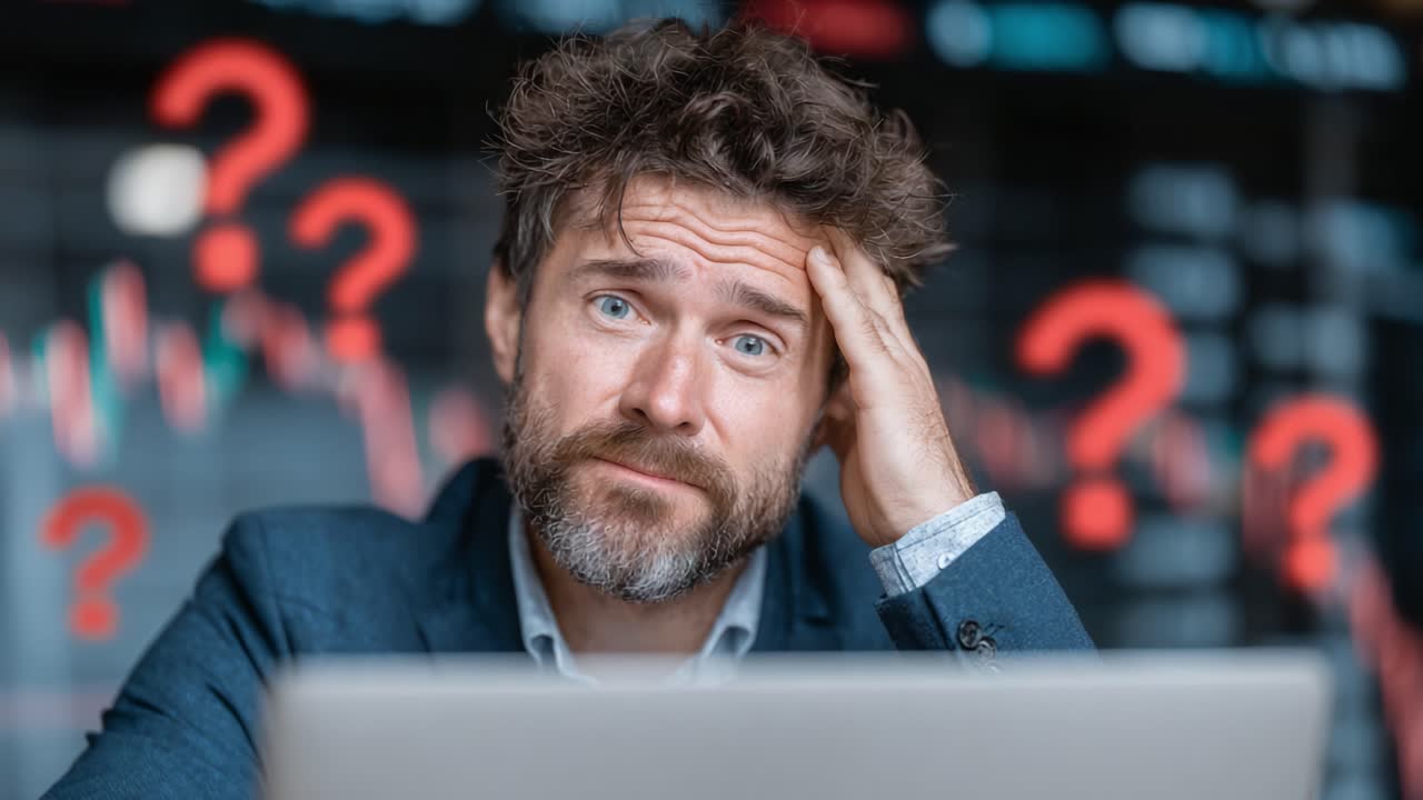 En frustreret person stirrer på en bærbar computer med et forvirret udtryk, omgivet af spørgsmålstegn, der repræsenterer usikkerhed og tvivl i en forretningskontekst.