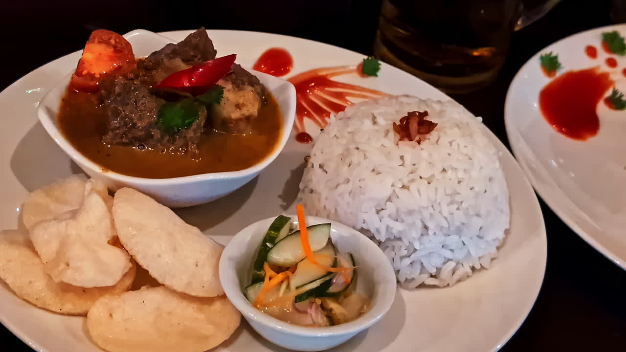 Indonesian beef curry served with steamed rice and garnished with herbs and chili