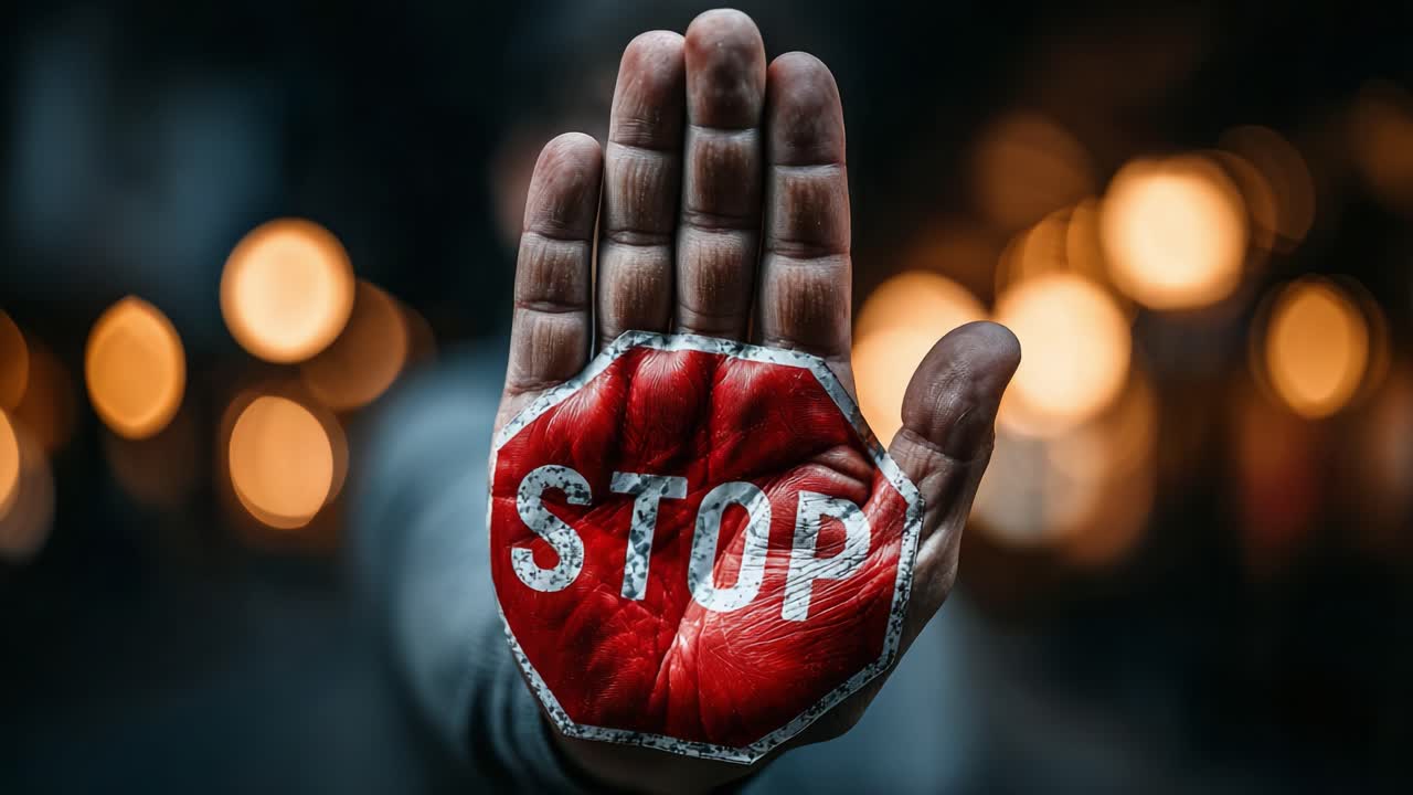 A Powerful Visual Statement: A Hand Raised with a Bold Red Stop Sign Reflected on Its Palm, Signifying the Importance of Halting Action and Promoting Awareness