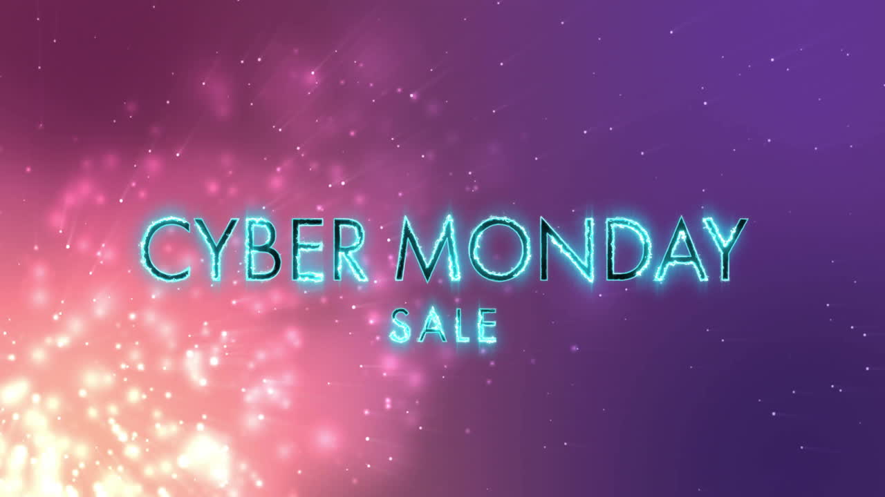 Cyber Monday Sale text animation over sparkling pink and purple background