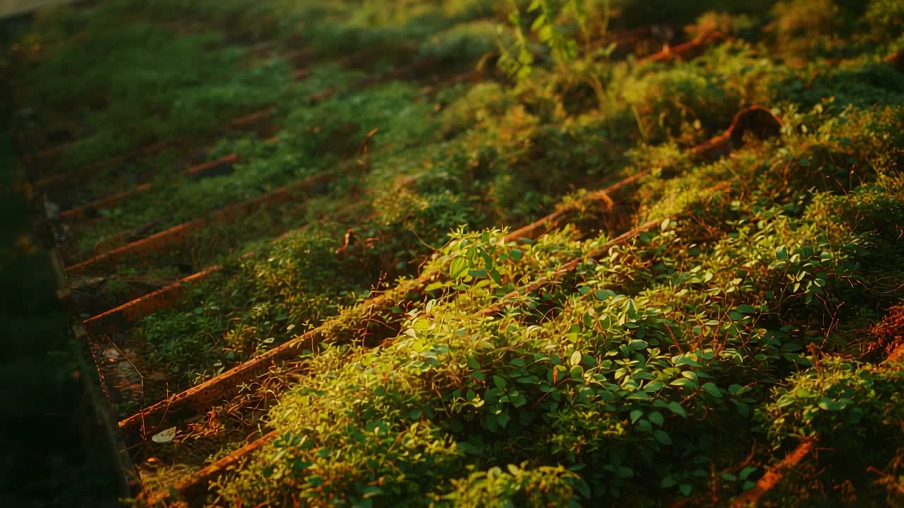Sweeping light revealing moss and small-leaved groundcover on slanted wooden beams, adding depth