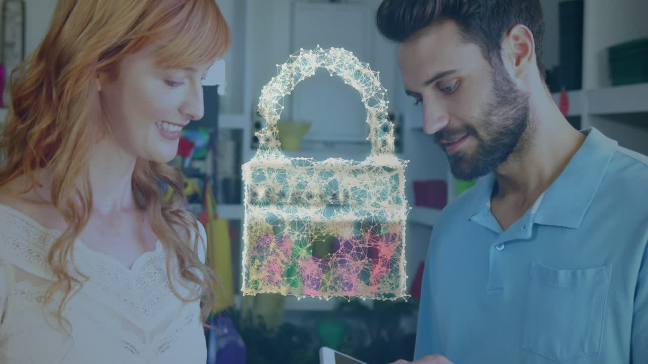 animación del candado de seguridad de la red sobre las personas que utilizan el terminal de pago