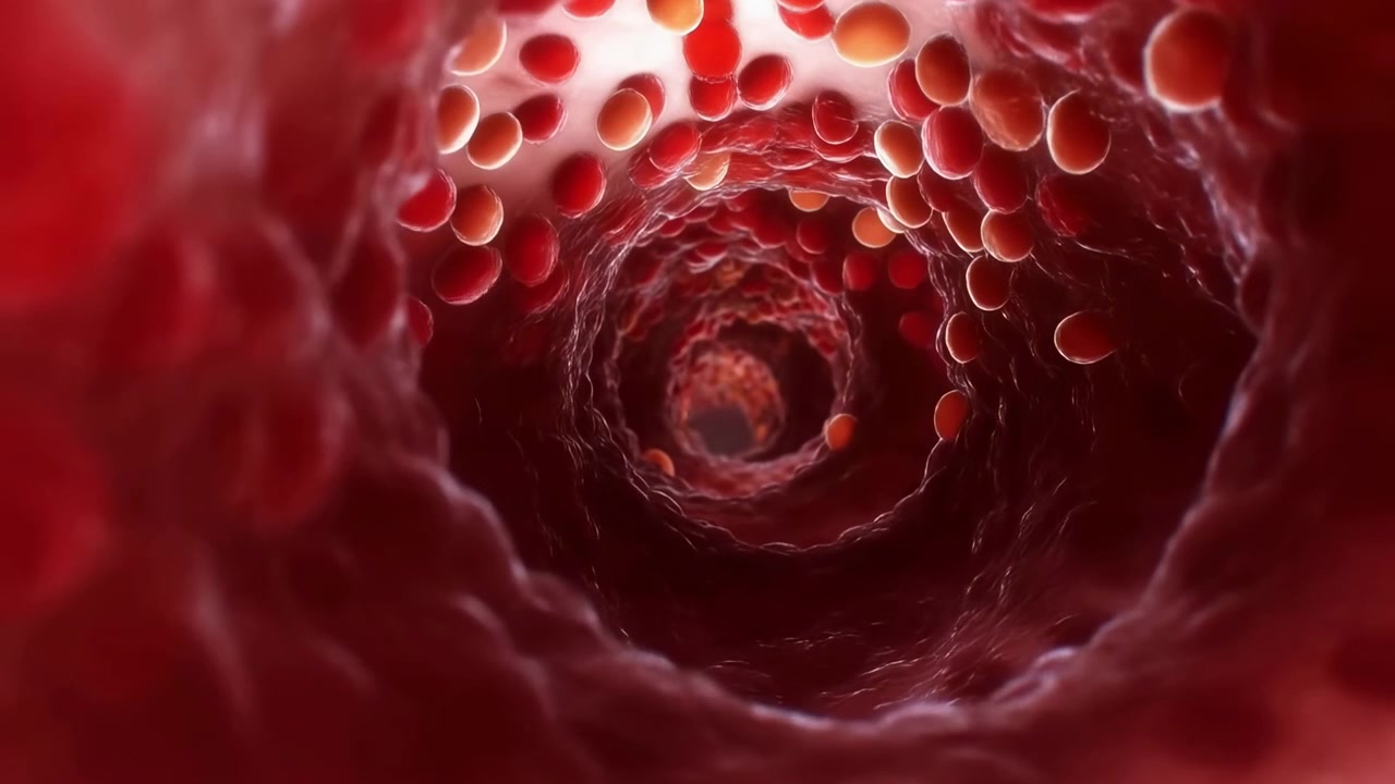 Vista cercana a través del centro de un vaso sanguíneo rojo con glóbulos moviéndose alrededor de las paredes internas, creando un fondo médico tubular con profundidad y movimiento.