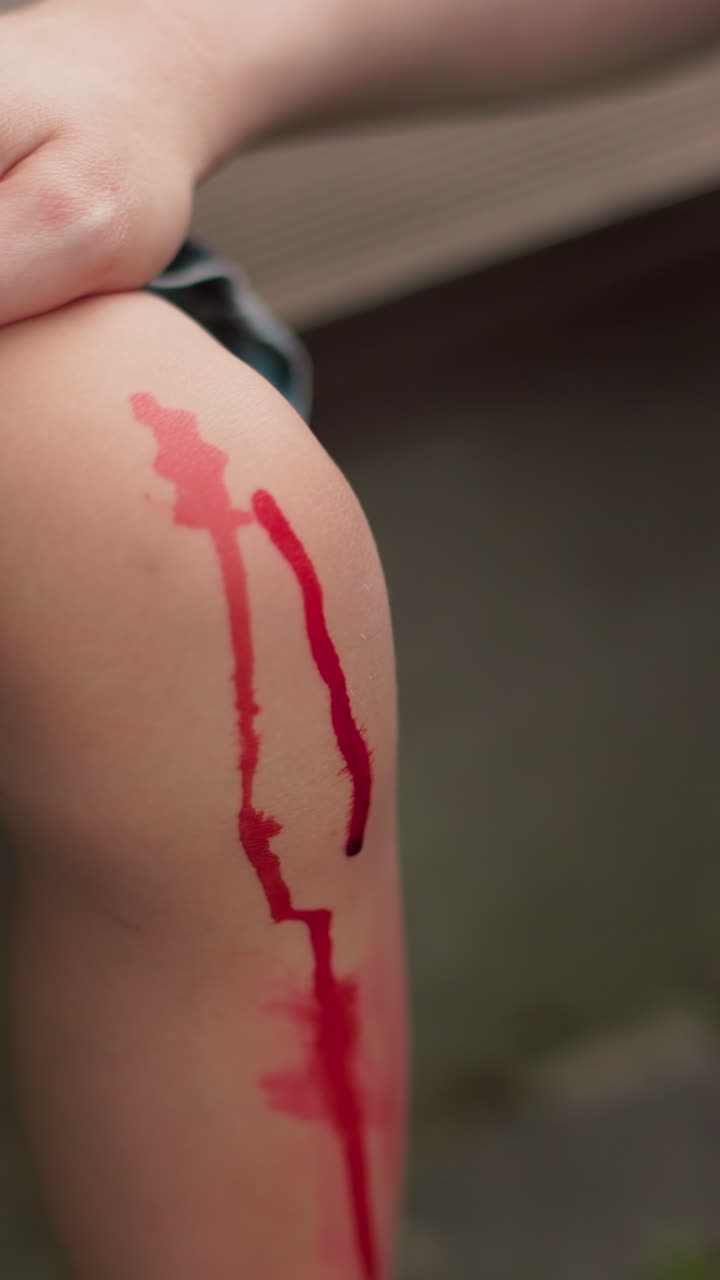 un primer plano de la mano de una mujer con uñas cuidadosas limpiando suavemente la pierna de un niño con un pañuelo, que está manchado de sangre