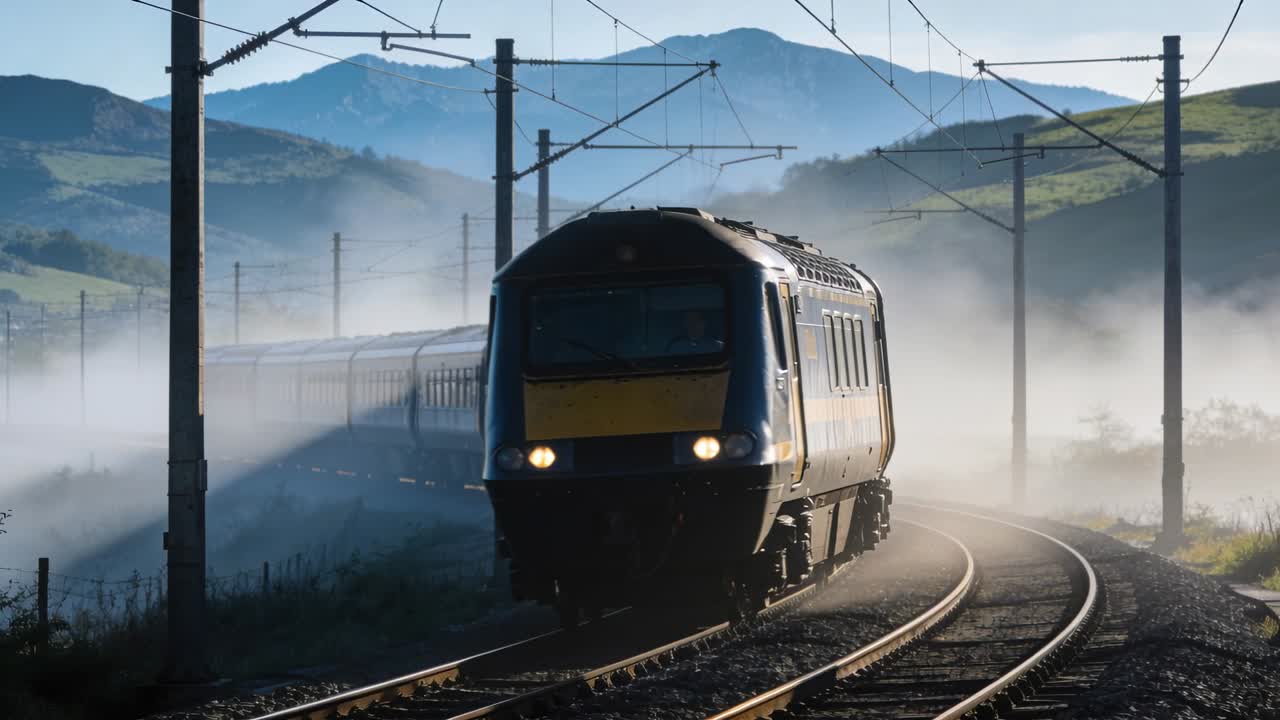 Emerging passenger train yellow-fronted carrying commuters along valley rail, lights piercing mist
