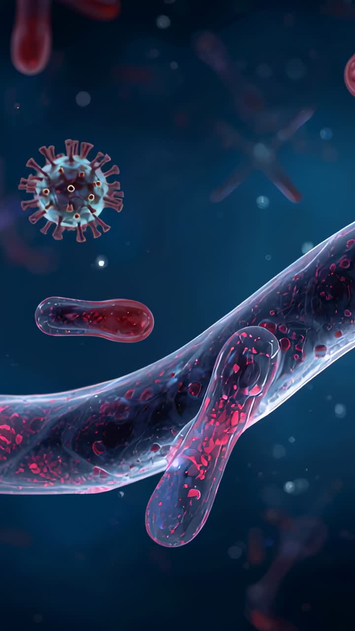 Video verticale: carrellata verso destra che rivela un filamento con granuli rossi in un fluido e un virus