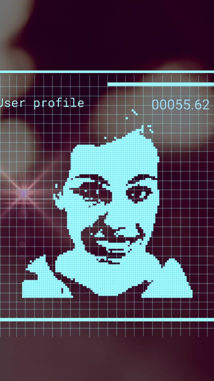 Animation of data processing with people portraits over light spots on black background
