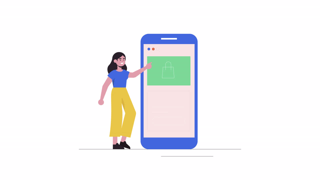 el personaje de la mujer en 2d comprando en línea en un canal alfa transparente