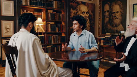 intellectual discussion in a library setting