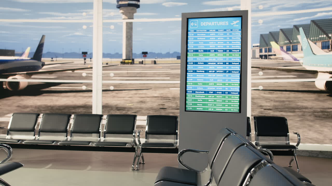 Scena di un hub di trasporto aeroportuale con sala partenze vuota e informazioni sulle compagnie aeree