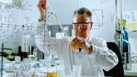 Animation of mathematical equations on caucasian male scientist performing experiment at laboratory