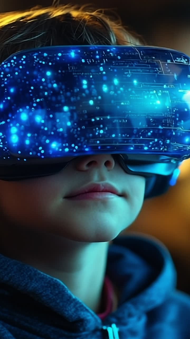 Child uses VR technology. A child experiences an immersive virtual reality environment while wearing a high-tech headset and headphones indoors.