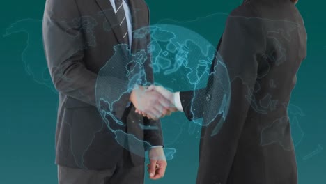 Spinning-globe-and-world-map-over-mid-section-of-businessman-and-businesswoman-shaking-hands