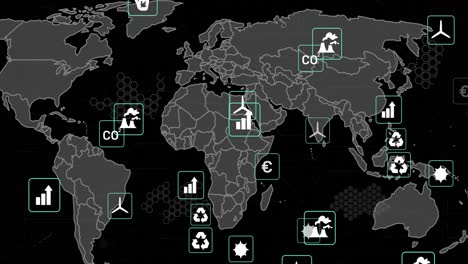Animation-of-eco-icons,-markers-and-data-processing-over-world-map
