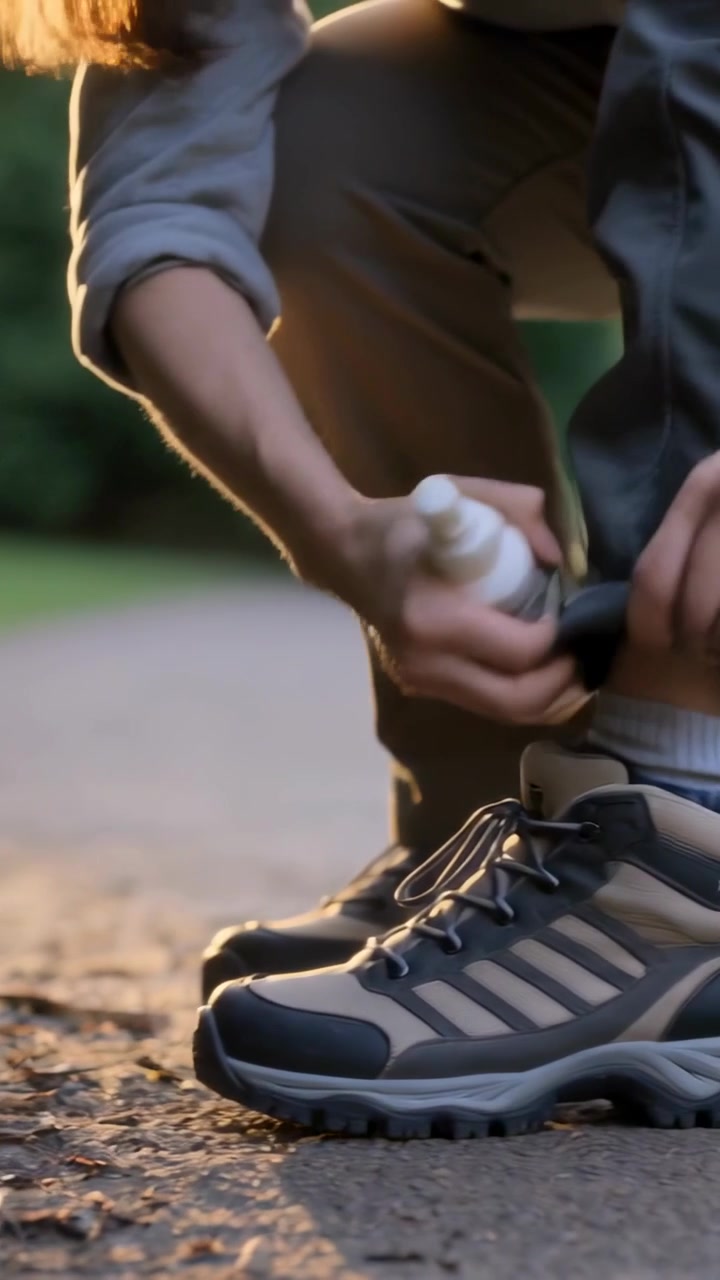 Video verticale: Escursionista che cammina, si accovaccia, sistema il calzino e spruzza la caviglia su un sentiero del parco, con le scarpe.