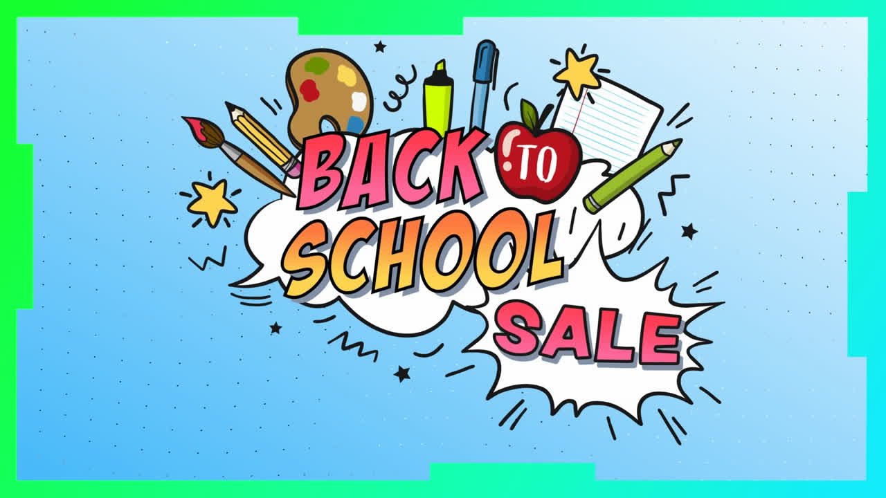 학교 장비 품목과 함께 클라우드에서 파란색으로 학교 판매로 돌아가는 텍스트의 구성