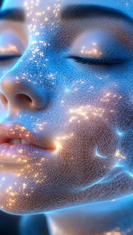glowing patterned face art. a young woman closes her eyes as glowing patterns illuminate her face, creating a surreal and futuristic effect.
