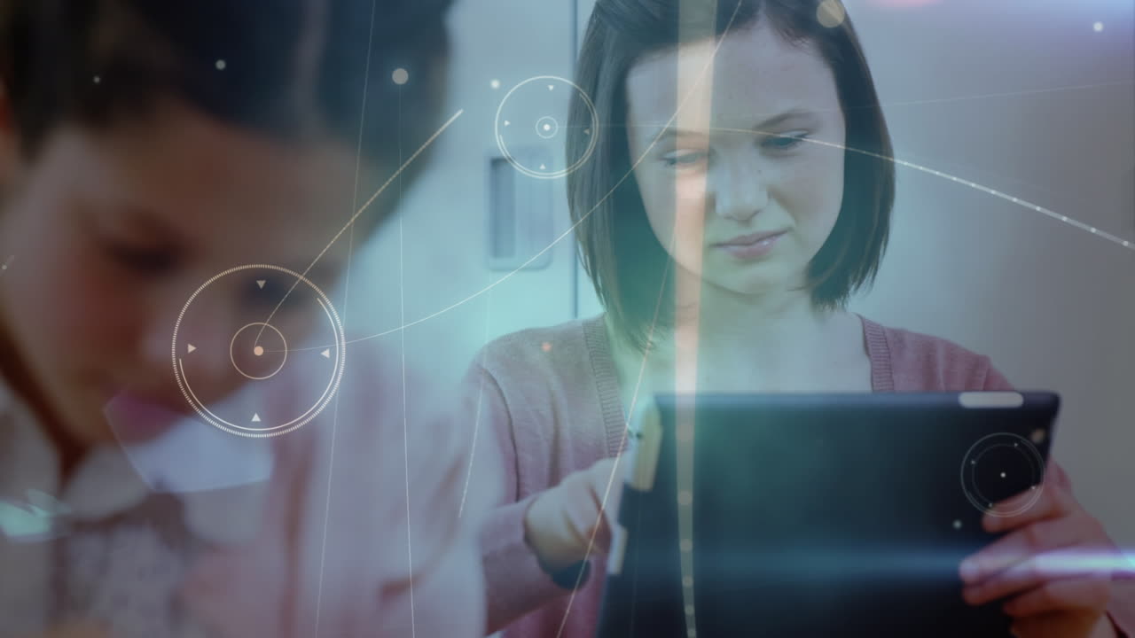 학교에서 태블릿을 사용하는 백인 소녀를 통해 연결 네트워크의 애니메이션