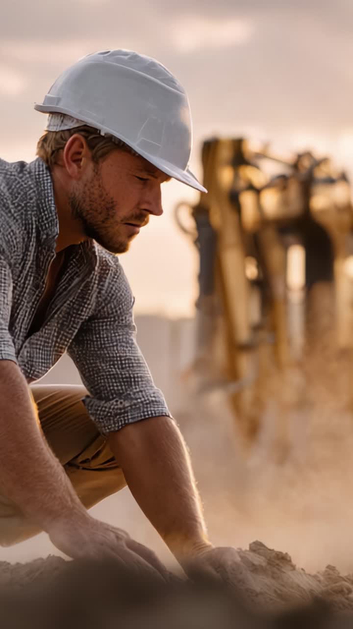 Focused Construction Worker Assessing Soil Quality While Operating Machinery on a Job Site During Sunset, Highlighting Safety and Professionalism in Construction