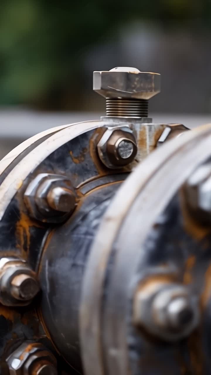 Nærbillede af et industrielt metalrør og flange med møtrikker og bolte, der viser rust og ståltekstur i et sløret byggemiljø
