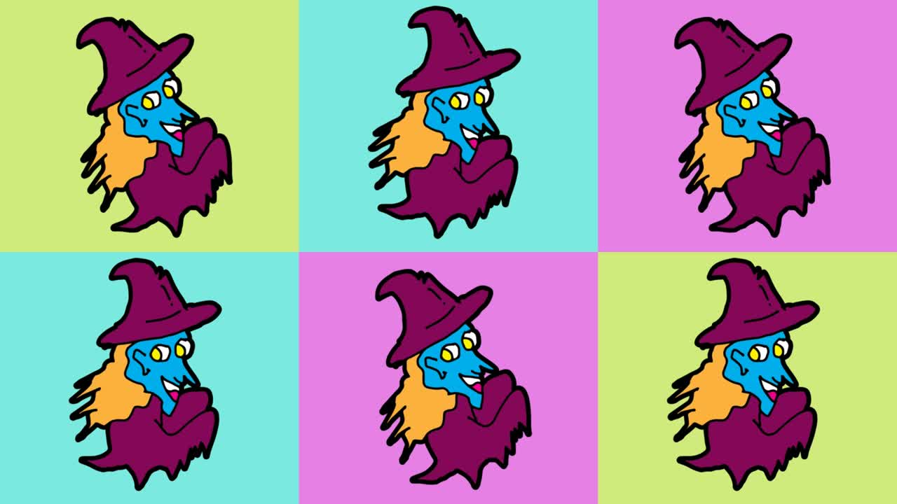 Disegno di bambini in stile pop art, sfondo continuo con tema strega