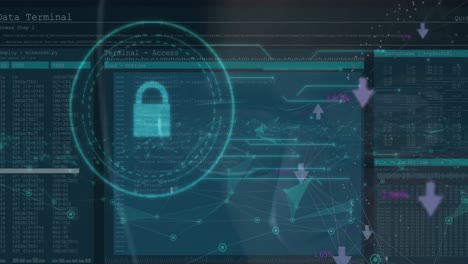 Animation-of-security-padlock-icon-and-data-processing-over-close-up-of-male-hacker
