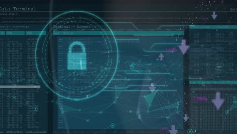 Animation of security padlock icon and data processing over close up of male hacker