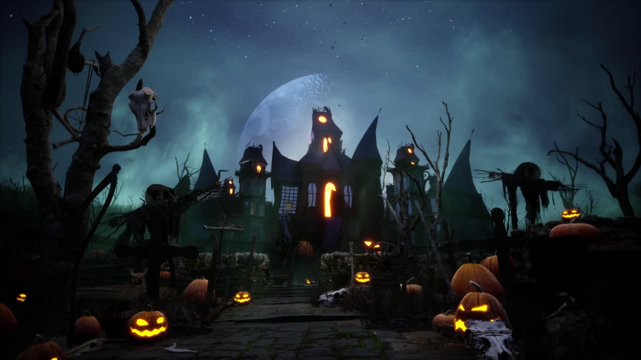 Halloween Haunted House With Bats, And Pumpkins Under Scary Moon Cinematic Video Animation Background