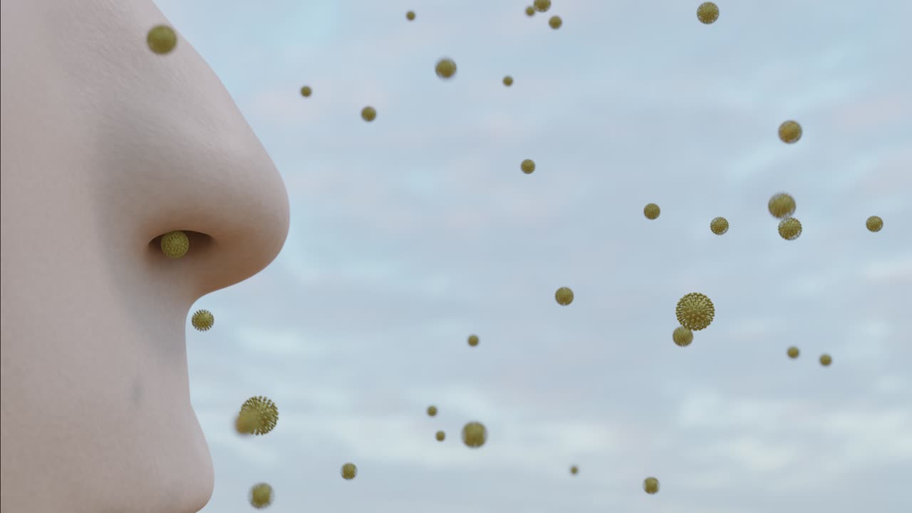 공중 바이러스성 질병 전파 삽화 -- 예: 코로나바이러스가 코를 통해 흡입됨