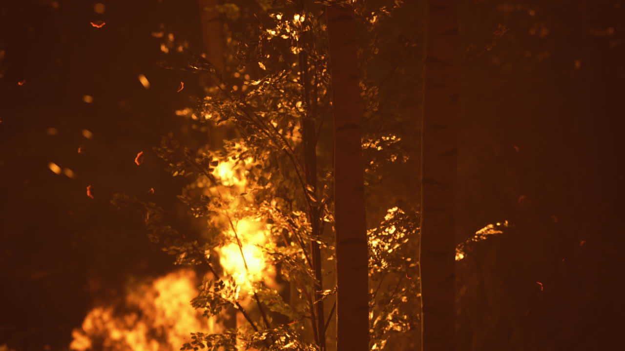 Forest fire raging through a wooded area during the evening hours