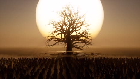 a huge dead tree with many branches on a desert, arid environment, with crowd standing idle on sunset with dark shadows, 3d animation, 3d scene, dystopian theme, camera zoom out slowly