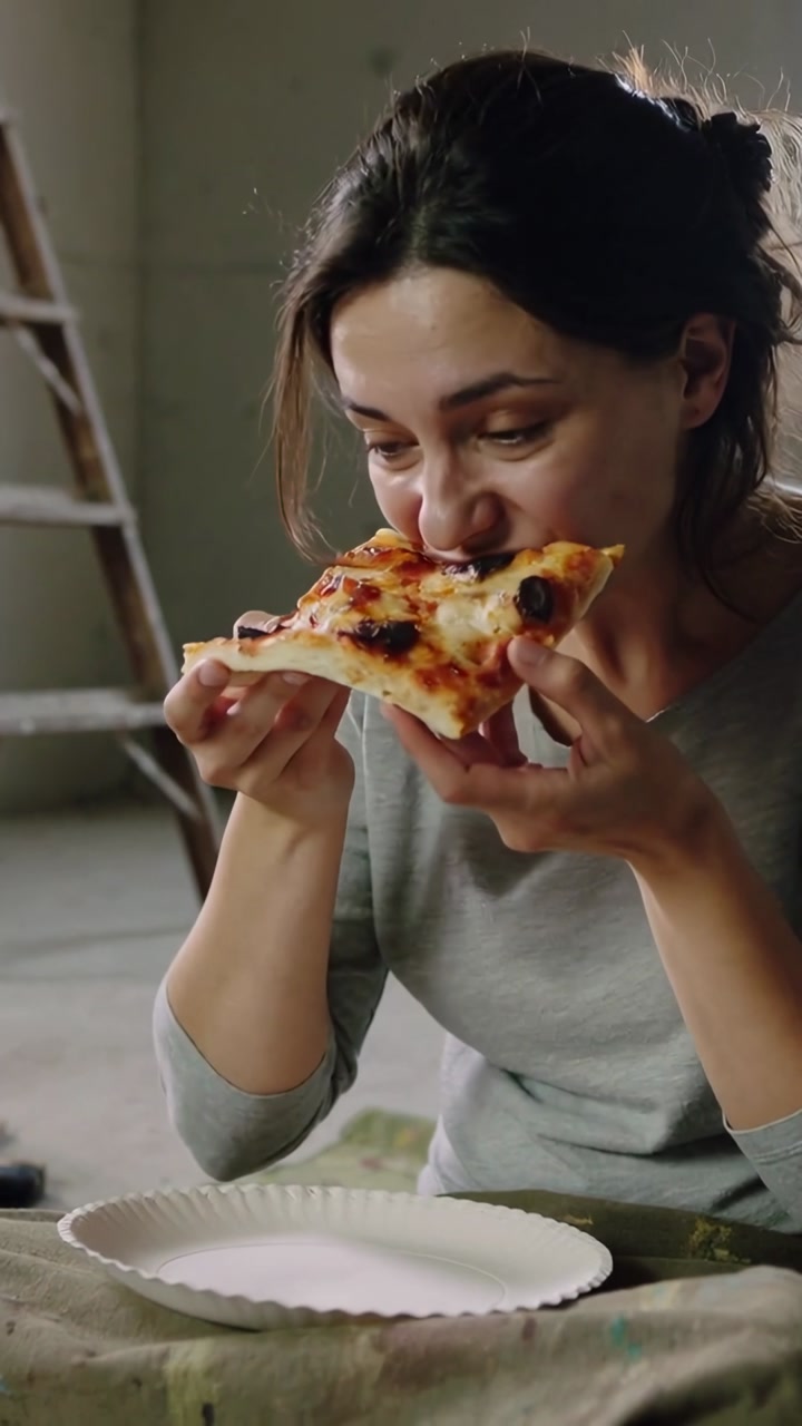 Vertical video: Woman taking renovation break lifting pizza slice over paper plate reacting to heat