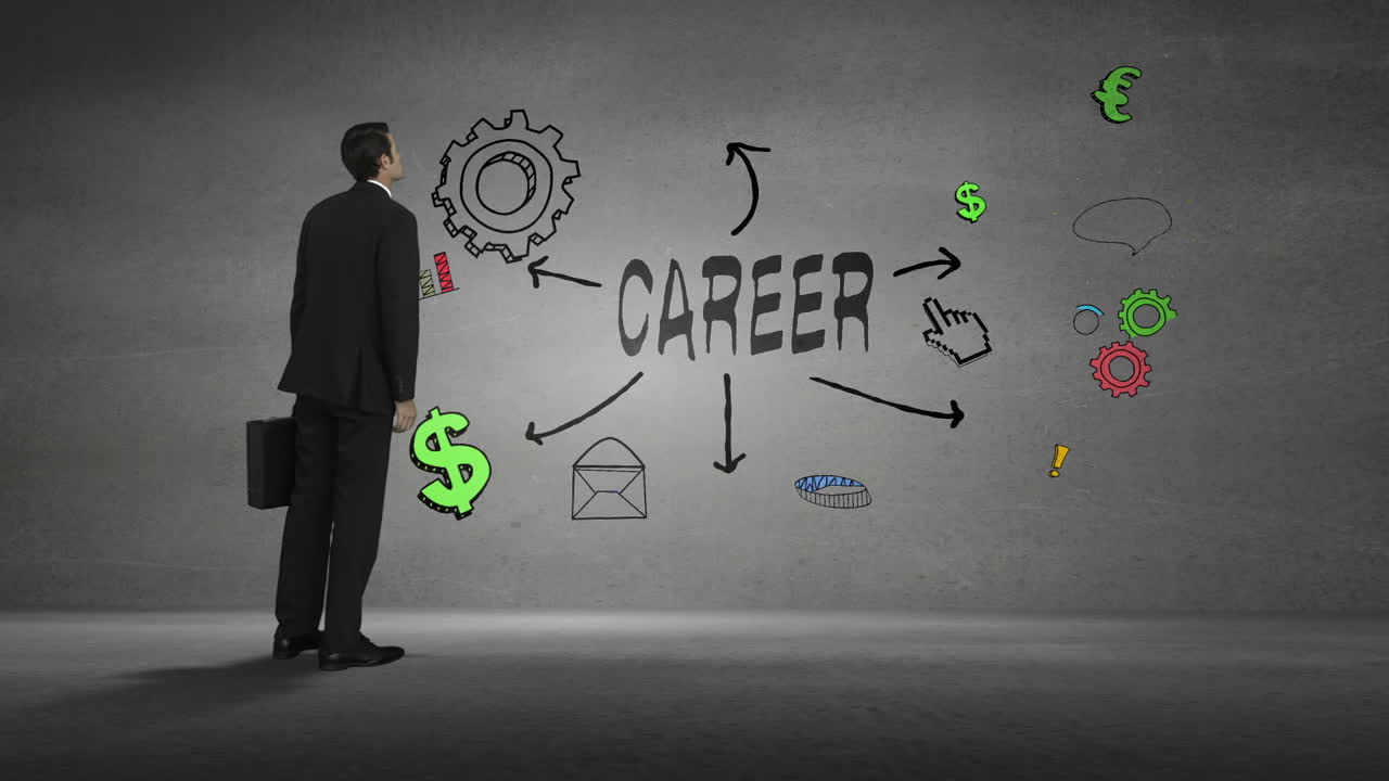 Businessman looking at wall with career brainstorm 